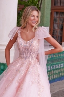 Semi-Quinceanera Draped Tie-Up Straps Applique Tulle Dress - CH-NAH1680