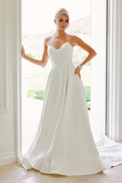 Satin A-line Peaked Crossover Neckline Partial Coverage Back Chapel Train - CH-NAJW1053