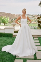 A Line Satin Off Shoulder Sleeves Zipper Back Chapel Train - CH-NAJW1048