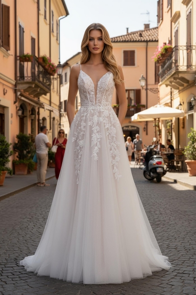 Lace V Sweetheart Neckline A Line Gown Applique Chapel Train - CH-NAJE1072L