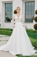 Illusion Long Sleeve Deep V Neckline A Line Chapel Train - CH-NAJE1078