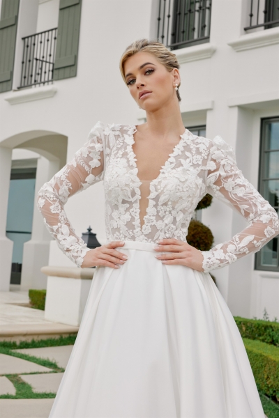 Illusion Long Sleeve Deep V Neckline A Line Chapel Train - CH-NAJE1078