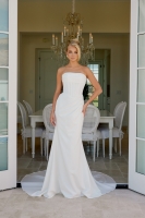  Wedding Dress - Strapless Stretch Satin Gown Boned Bodice Pleated Waist Train Sheath