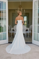  Wedding Dress - Strapless Stretch Satin Gown Boned Bodice Pleated Waist Train Sheath