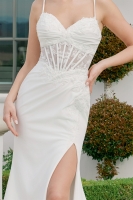  Wedding Dress - Sweetheart Neckline Boned Bodice Leg Slit Partial Lace Train - CH-NAJW1050