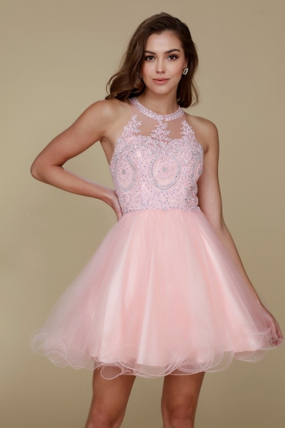 Fully Lined Sparkly Lace Tulle Cocktail Dress - CH-NAB652-BLUSH