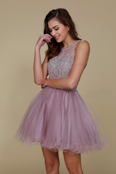Fully Lined Sparkly Lace Tulle Cocktail Dress - CH-NAB652-MAUVE