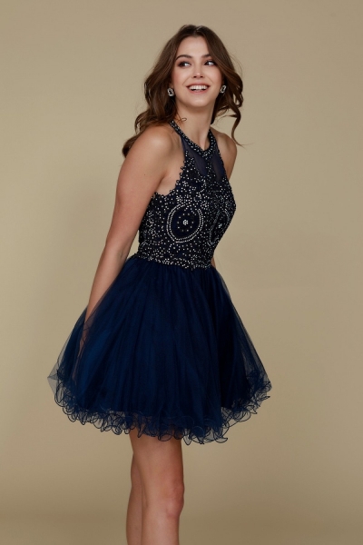 Fully Lined Sparkly Lace Tulle Cocktail Dress - CH-NAB652-NAVY