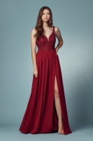 Plunge Sweetheart Embroidered Neck A-line Gown With Side Slit - CH-NAY299