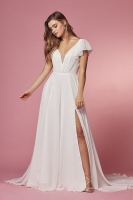 Wedding Dress - Cross V Neck With Cutout Short Sleeves A-line Gown - CH-NAR471
