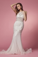 Wedding Dress - Floor Length With Halter Neckline, Flower Lace Detail And Zipper Back - CH-NAW901