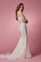 Wedding Dress - Floor Length With Halter Neckline, Flower Lace Detail And Zipper Back - CH-NAW901