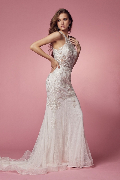 Wedding Dress - Floor Length With Halter Neckline, Flower Lace Detail And Zipper Back - CH-NAW901