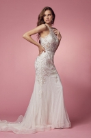 Wedding Dress - Floor Length With Halter Neckline, Flower Lace Detail And Zipper Back - CH-NAW901P