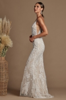 Wedding Dress - Floor Length Gown With Plunge Neckline With Beading Detail On Top Of Leaf Lace Fabric - CH-NAJE915