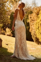 Wedding Dress - Floor Length Gown With Plunge Neckline With Beading Detail On Top Of Leaf Lace Fabric - CH-NAJE915