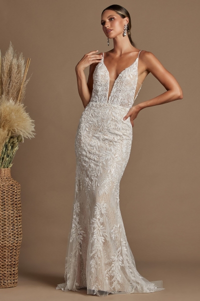 Wedding Dress - Floor Length Gown With Plunge Neckline With Beading Detail On Top Of Leaf Lace Fabric - CH-NAJE915