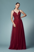 A-line Plunging Deep V-Neckline Gown with Leaf Lace Embroidered - CH-NAR357