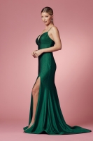 V-Neckline and A High Slit with Rhinestone Details And Open Back With Lace Up - CH-NAE1038