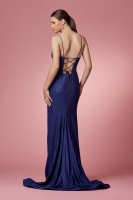 V-Neckline and A High Slit with Rhinestone Details And Open Back With Lace Up - CH-NAE1038