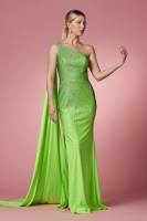 One Shoulder Fitted Rhinestone Gown with A Side Jersey Cape and A High Slit - CH-NAE1039