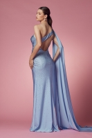 One Shoulder Fitted Rhinestone Gown with A Side Jersey Cape and A High Slit - CH-NAE1039
