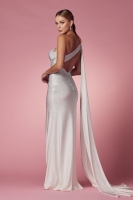 One Shoulder Fitted Rhinestone Gown with A Side Jersey Cape and A High Slit - CH-NAE1039W