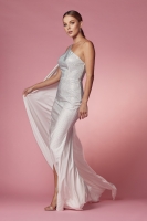 One Shoulder Fitted Rhinestone Gown with A Side Jersey Cape and A High Slit - CH-NAE1039W