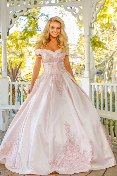 Plus Size Quinceanera ballgown with crystal beaded straps and metallic lace on Shiny Mikado - CH-NAU802P