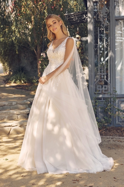 Wedding Dress - Sequin and Bead Embellished V-Neck Gown with Cape Sleeves and Tulle Overlay - CH-NAJE947