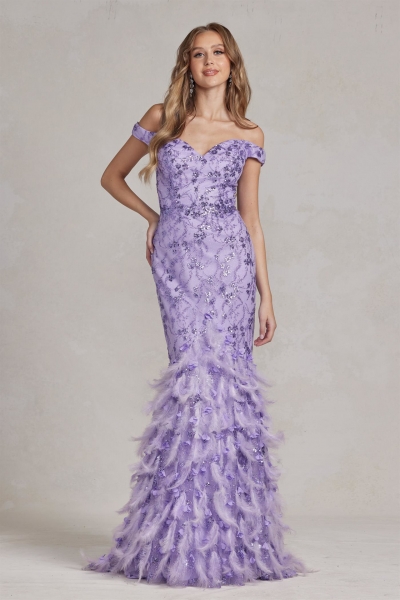Prom / Evening Dress - Sheath Off-shoulder Gown w/ Feather - CH-NAC1106