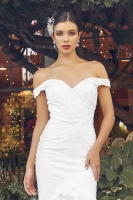 Wedding Dress - Beaded Off-Shoulder Sheath Gown with Feather Accents - CH-NAC1106W