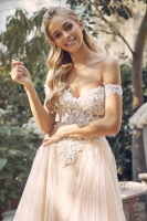 Wedding Dress - Glitter Tulle Off-Shoulder Dress with Floral Applique - CH-NAC1107W