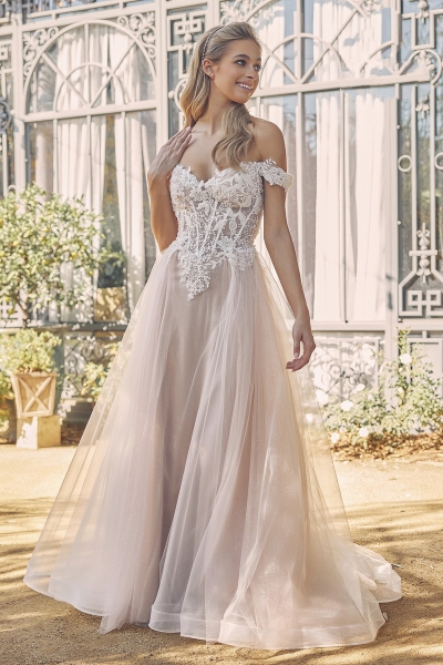 Wedding Dress - Glitter Tulle Off-Shoulder Dress with Floral Applique - CH-NAC1107W