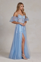 Glitter Tulle Dress with Beaded Lace Applique and Puff Sleeves - CH-NAE1173