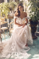 Wedding Dress - Floral Embroidered Off-Shoulder Gown with Chapel Train - CH-NAJE974