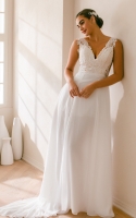 Plus Size - A-line V-Neck Court Train Chiffon Lace Wedding Dress - KITTY