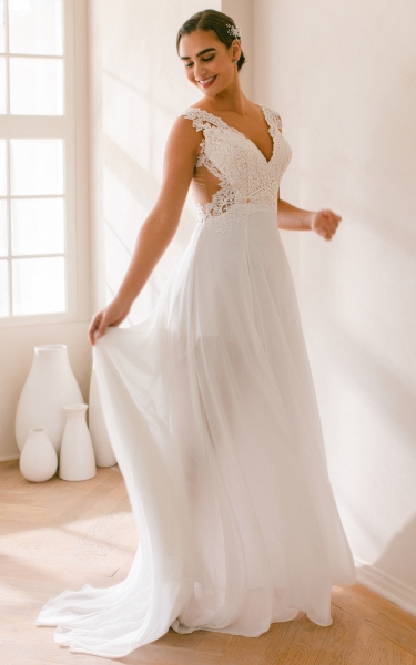 Plus Size - A-line V-Neck Court Train Chiffon Lace Wedding Dress - KITTY