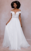 A line and Sheer with a Plunging V-neck with Flower Motifs Wedding Dress - RITA