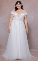 Plus Size - A line and Sheer with a Plunging V-neck with Flower Motifs Wedding Dress - RITA