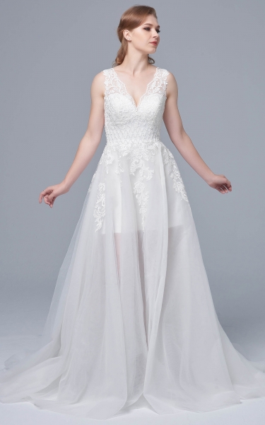 A-line Floral Lace V-Neck and Hand-pieced Japanese Beads Wedding Dress - JOANNA