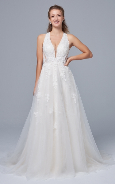 A-line Halter Deep-V Cut and Embellished with Crochet Lace Wedding Dress - MADGE