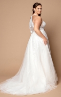 Plus Size - A-line Halter Deep-V Cut and Embellished with Crochet Lace Wedding Dress - MADGE