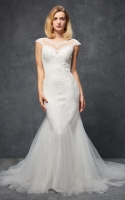 Plus Size - Mermaid Cap Sleeves and V-Neck Neckline Lace Wedding Dress - SWAN