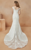 Lace with Satin Sheath and V-Neck Cap Sleeves Wedding Dress - ILONA