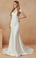 Lace with Satin Sheath and V-Neck Cap Sleeves Wedding Dress - ILONA