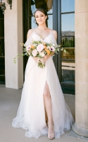 A Line and V-Neck with Tulle Embellishments on the Straps Wedding Dress - ILARIA