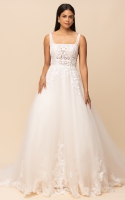A-line Square Neck with Floral Appliques and Sequins Embellishments Wedding Dress - PETULA