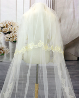 Long Veil - 2 layer with gold thread trim lace appliques - 110" - VL-V2028-110