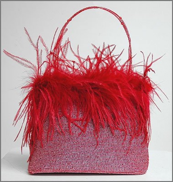 Evening Bag - Beaded w/ Ostrich Feather Trim - Red -BG-EV910RD